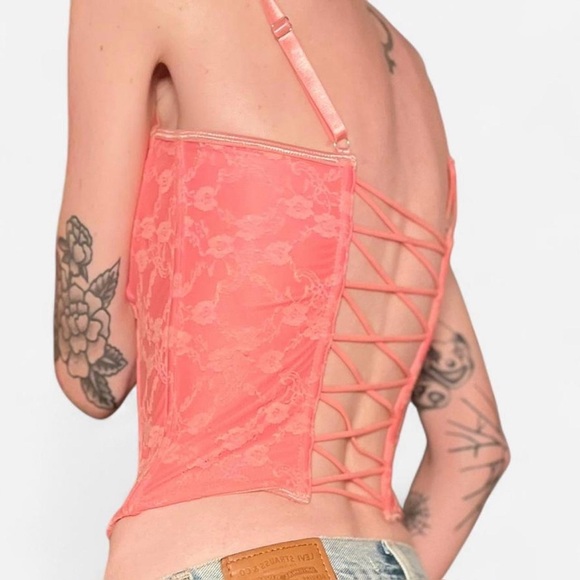 Baby Pink/Coral Lace Corset Bra Top with a Beautiful Criss Cross Back Detail - Picture 5 of 5